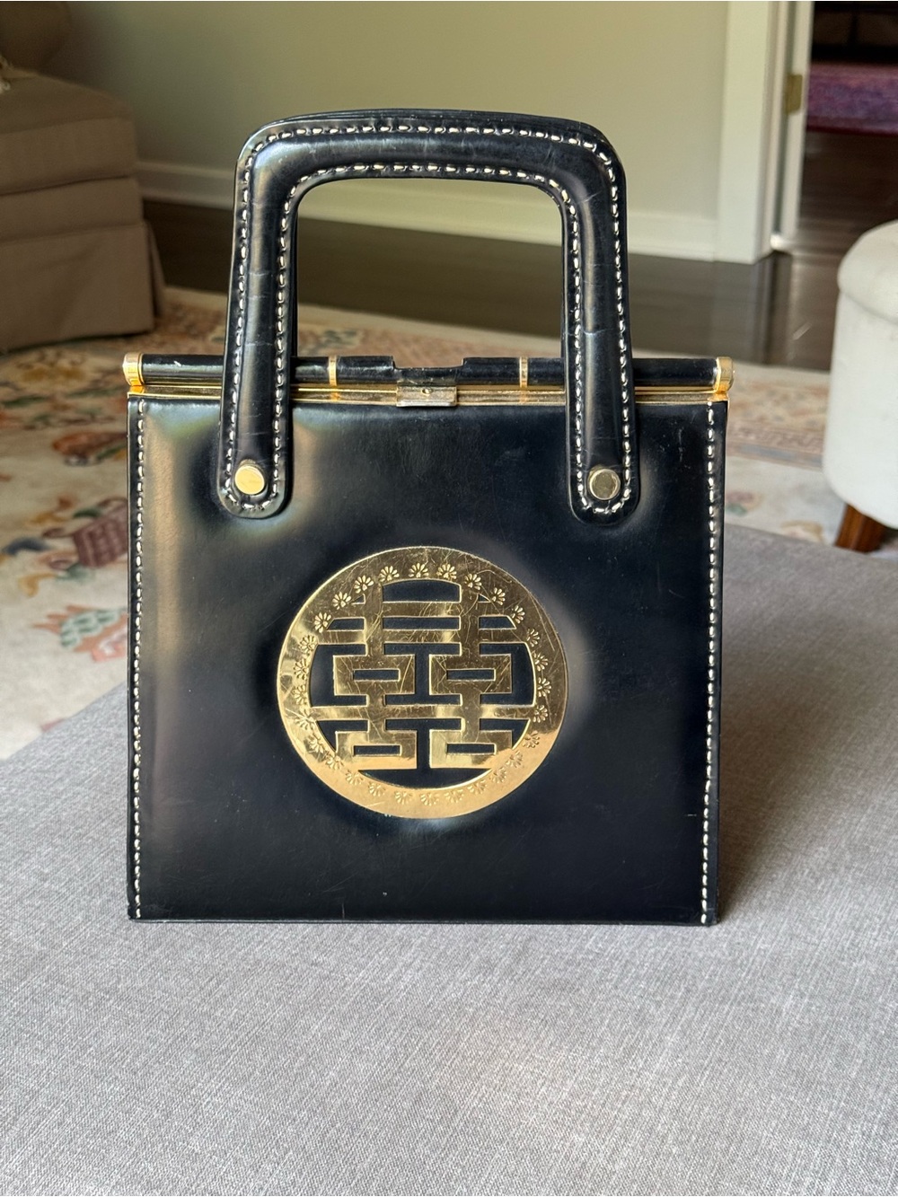 Vintage 1960’s Black leather frame handbag w Asian Motif Mad Men